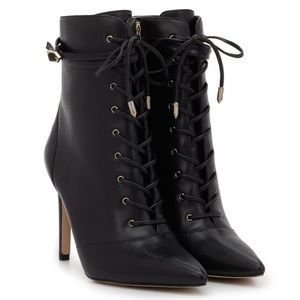𝅺SAM Edelman Bryton Heeled Lace Up Booties Black Leather Pointed Toe size 8